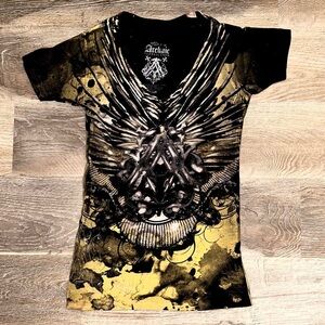Affliction Archaic Black Gold Y2K Bikers Tee Shirt V Neck Women’s Size Large